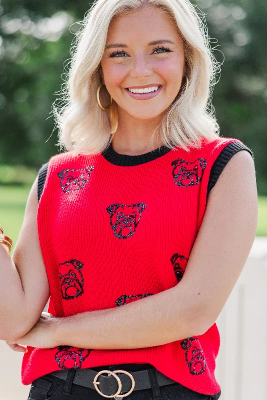 Pack A Punch Red Sequin Bulldog Sleeveless Sweater