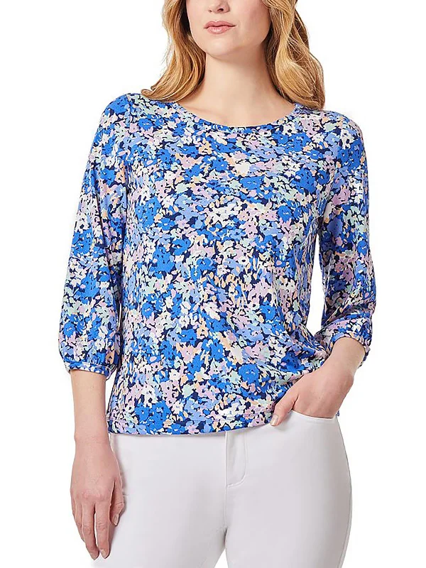 Womens Floral Print Three Quarter Sleeves Pullover Top