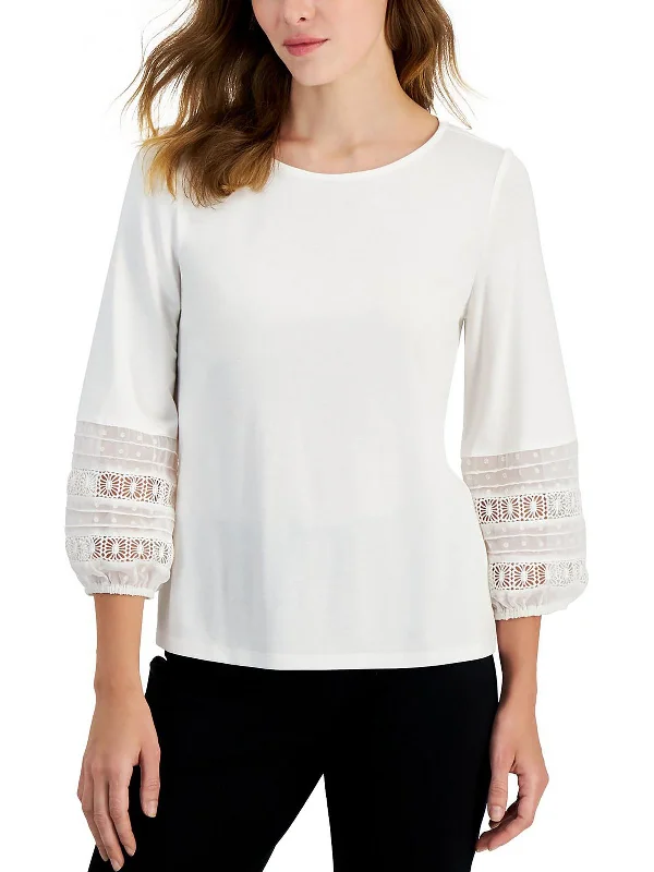 Womens Lace Trim Crewneck Pullover Top