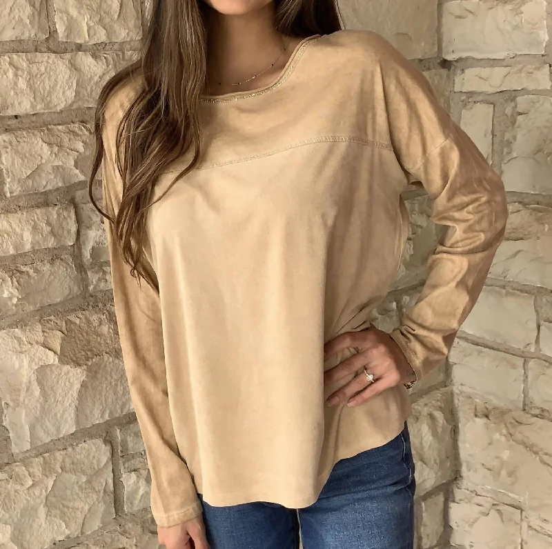 Long Sleeve Round Neck Tunic In Camel