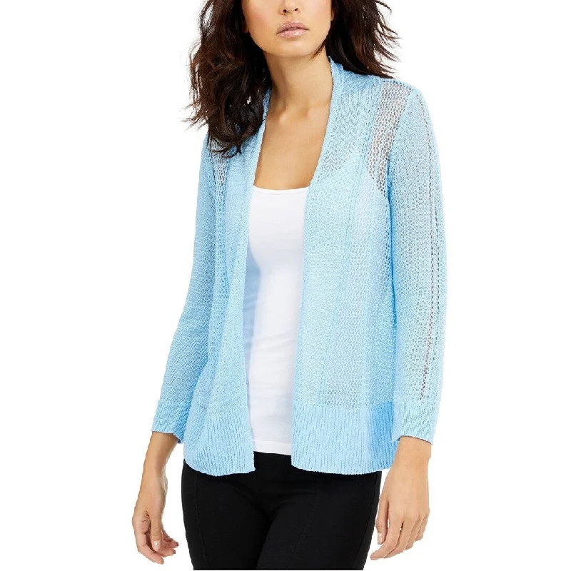 Alfani Women's Mixed-Stitch Open-Front Linen-Blend Cardigan Blue Size Small