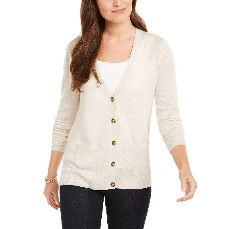 Charter Club Women's Merino Wool V-Neck Cardigan Beige Size Medium