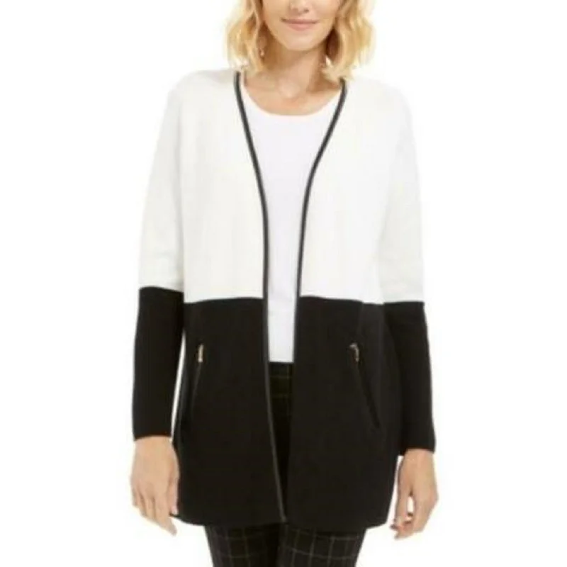 Charter Club Women's Petite Faux-Leather-Trim Cardigan White Size P