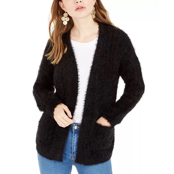 Hippie Rose Junior's Fuzzy Rib Knit Cardigan Black Size Medium