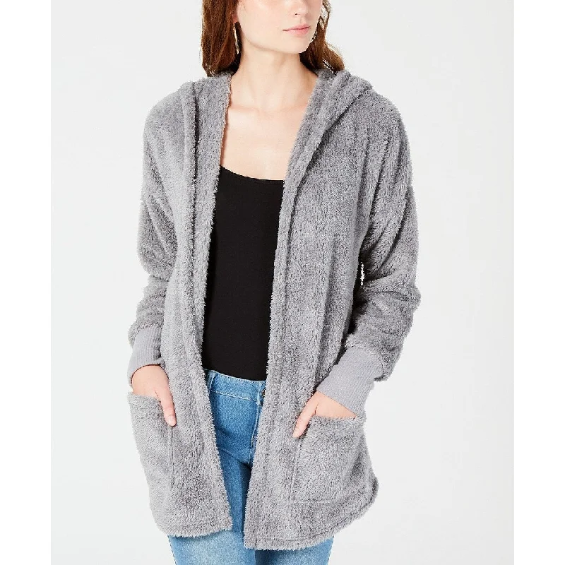 Hippie Rose Juniors' Plush Hooded Cardigan Gray Size Medium