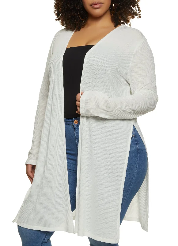 Plus Size Ribbed Knit Side Slit Long Cardigan