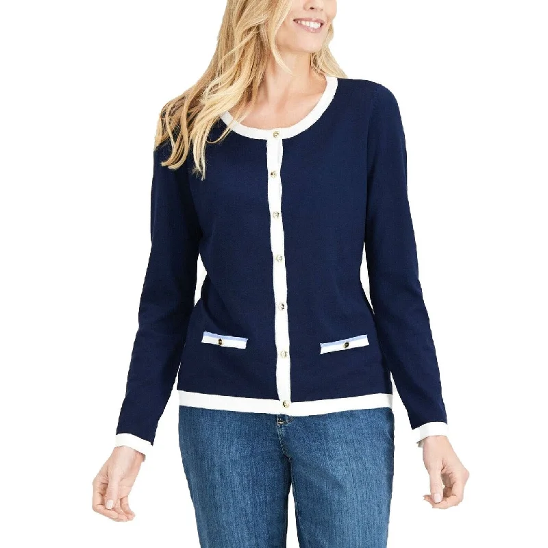 Karen Scott Women's Contrast-Trim Cardigan Sweater Navy Size Extra Small - X-Small