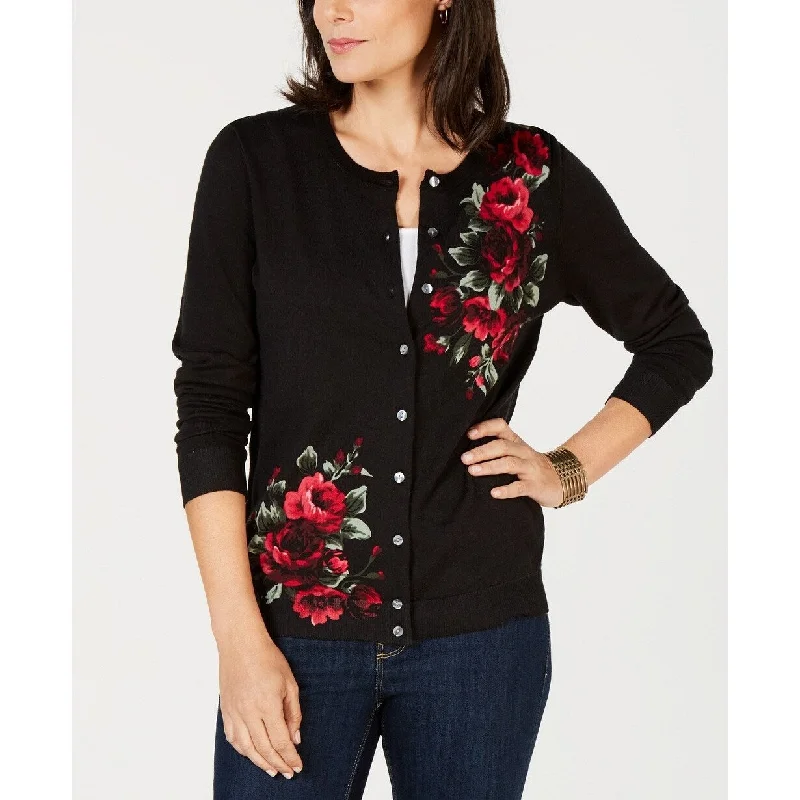 Karen Scott Women's Floral-Print Cardigan Black Size Large