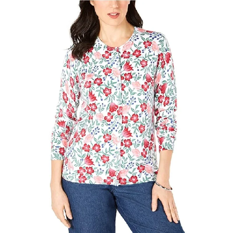 Karen Scott Women's Floral-Print Cardigan Bright White Combo Size Extra Large - X-Large