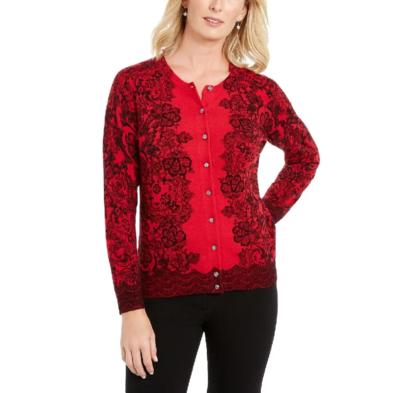 Karen Scott Women's Lace-Print Cardigan Bright Red Size2 Extra Large - XX-Large