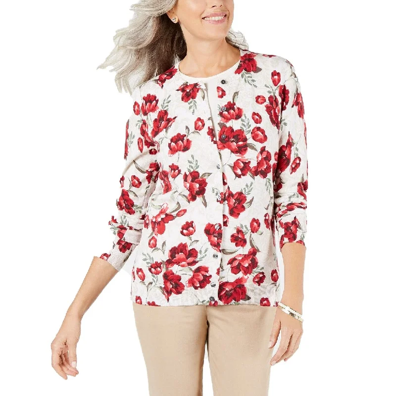 Karen Scott Women's Petite Floral-Print Cardigan Sweater Red Size Large