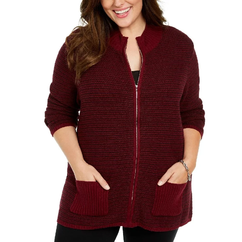 Karen Scott Women's Plus Textured Zip-Front Cardigan Red Size 3X