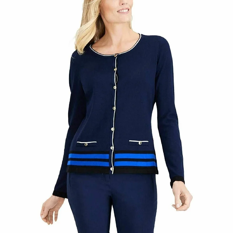 Karen Scott Women's Resort Stripe Hem Cardigan Navy Size Medium