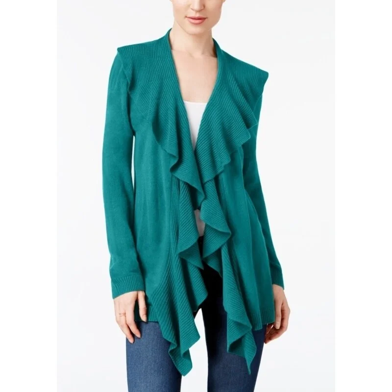 Karen Scott Women's Ruffle-Trim Draped Cardigan Ocean Size Extra Large - Green - X-Large