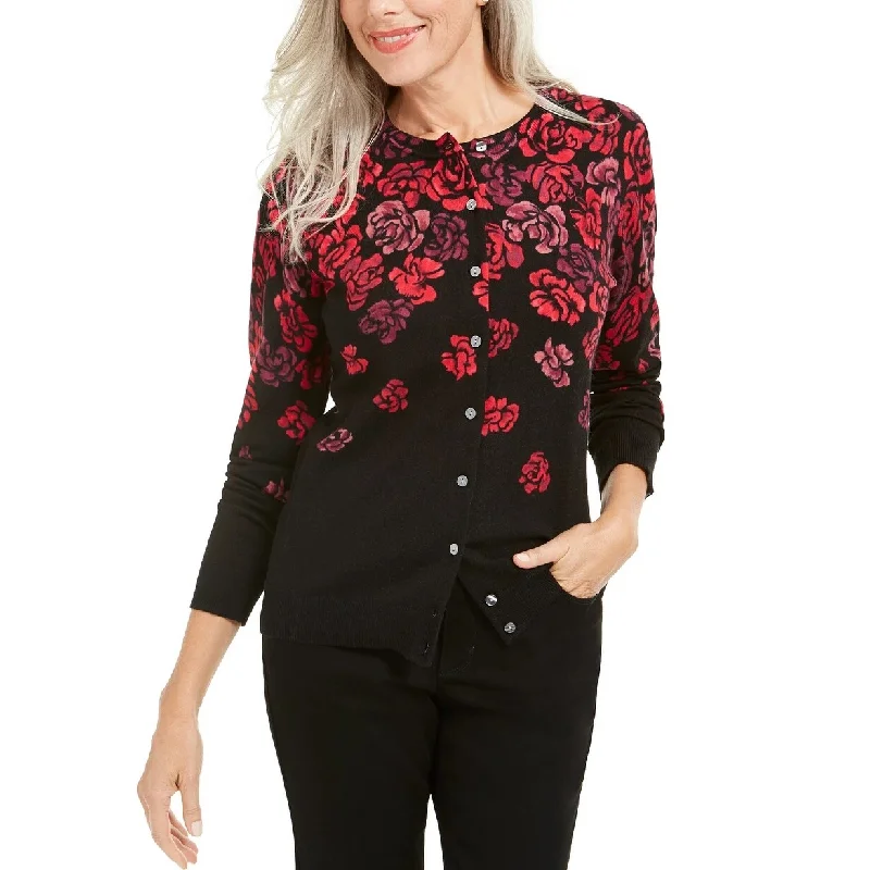 Karen Scott Women's Serenity Floral-Print Cardigan Medium Red Size Extra Small - X-Small