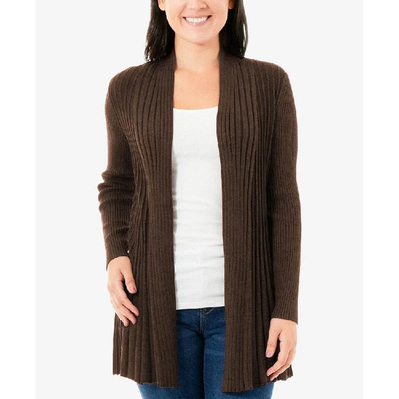 NY Collection Women's Marled Ribbed Open-Front Cardigan Brown Size Small