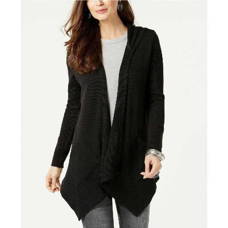 Style & Co Women's Draped Collar Long Sleeve Waffle Knit Cardigan Size Large - Black